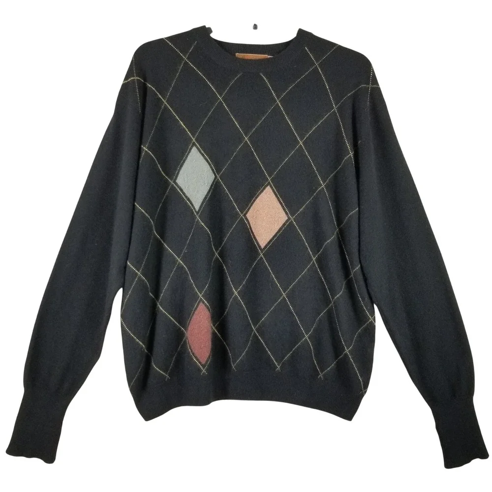 Raffi Cashmere Mens XXL Black Argyle Crewneck Sweater 118651 Pure‎ Cashmere